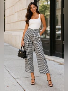 Club Monaco Gingham High-Waisted Pants With Button Detail, Size 00
